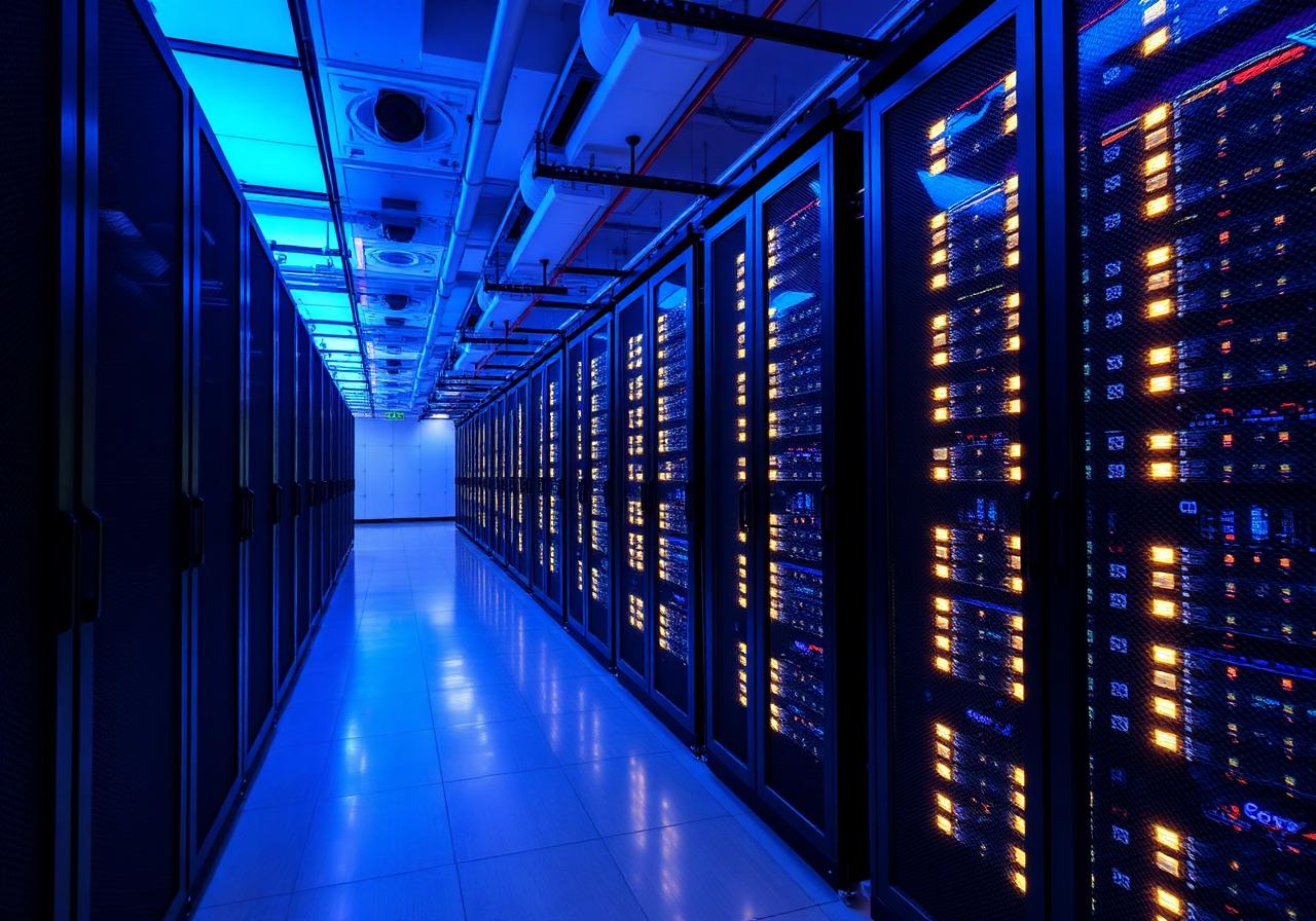 Data center server racks lit in blue